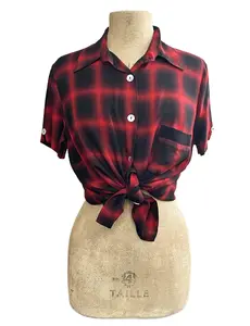 FINAL SALE - Rayon Black & Red Buffalo Plaid Button Up Boyfriend Camp Shirt