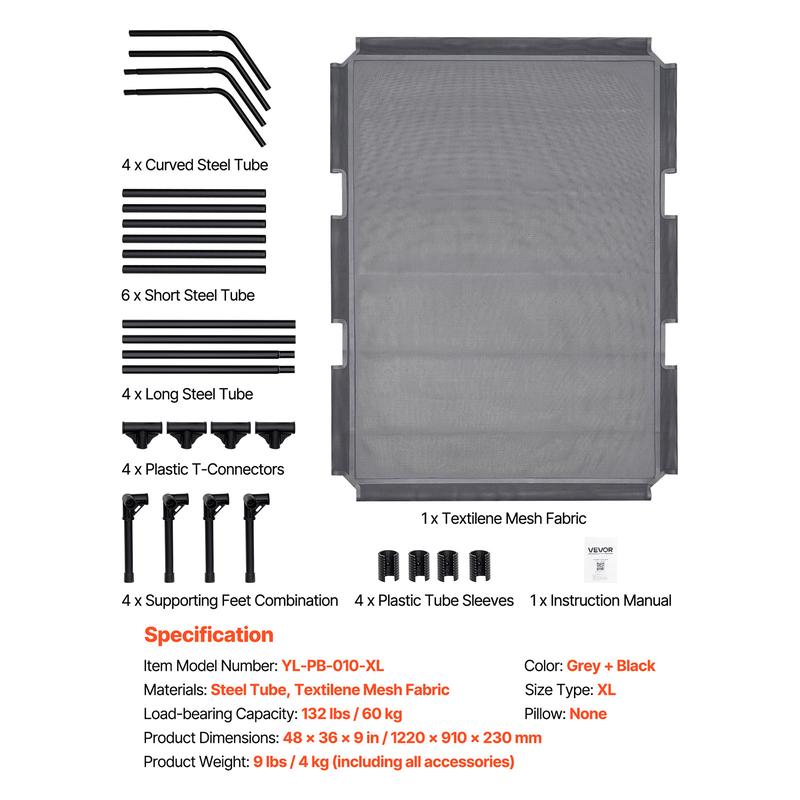 VEVOR Elevated Dog Bed for Large Dogs,  Portable Raised Dog Cot with Steel Metal Frame and Breathable Teslin Mesh, Indoor & Outdoor Pet Cooling Raised Hammock Bed, XL, Gray
