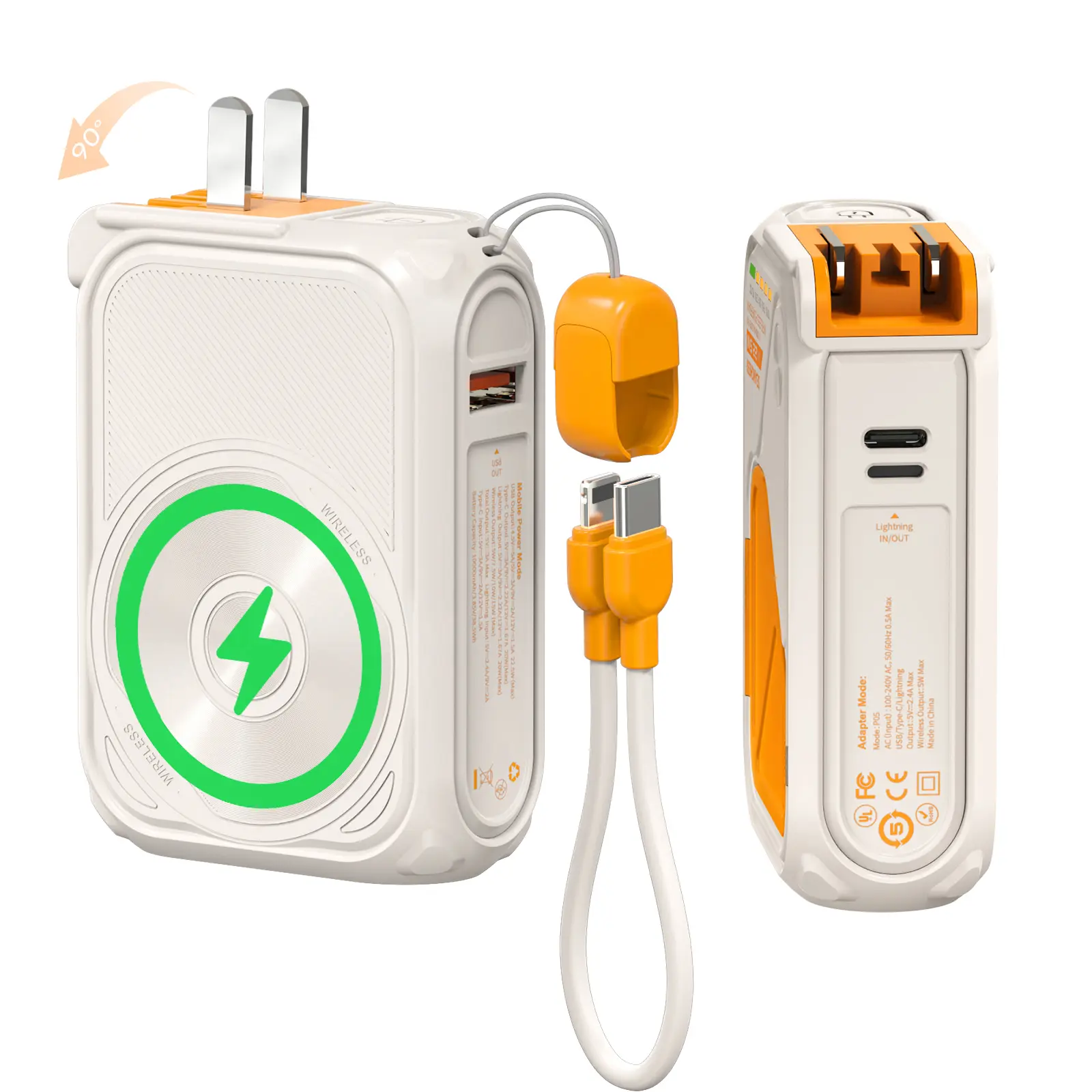 SEANCHEER P05 Magnetic Portable Charger, 10000mAh Mobile Accessories Battery Power Bank, Travel Essential with Built-in Cable, Foldable Wall Plug, Fast Charging for iPhone, Samsung, Android