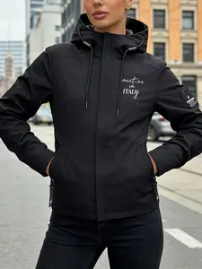 Women's Hooded Fleece Jacket Coat, Meet Me in Italy Letter Print, Casual Sporty Daily Wear, Comfortable Fashion Design