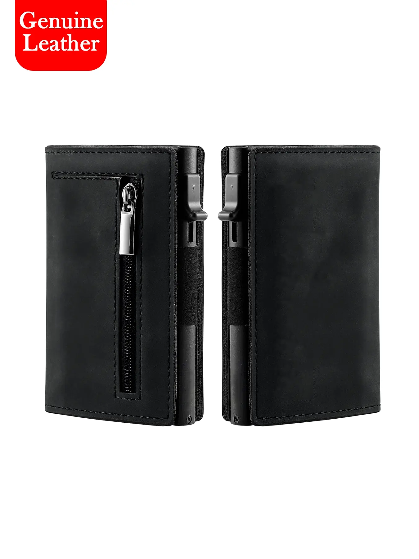 Genuine Leather Wallet Men Magnetic Rfid Card Holder Crazy Horse Leather Pop Up Aluminum Case Credit Cardholder Black Wallets Slide Function Cards with Zip Wallet, Business, Gift for Father, Credit Card Organizer