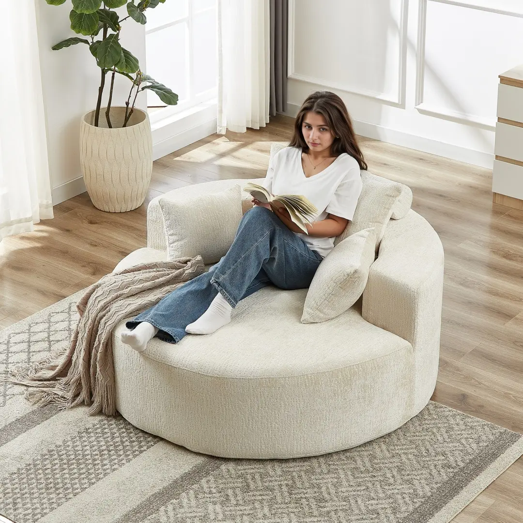 55 inch Chaise Lounge Chair Indoor, Oversized Round Accent Chair Modern Polyester Sponge Single Sofa, Fluffy Sleeper Chair Deep Seat Comfortable Chair for Living Room Bedroom Apartment, Beige