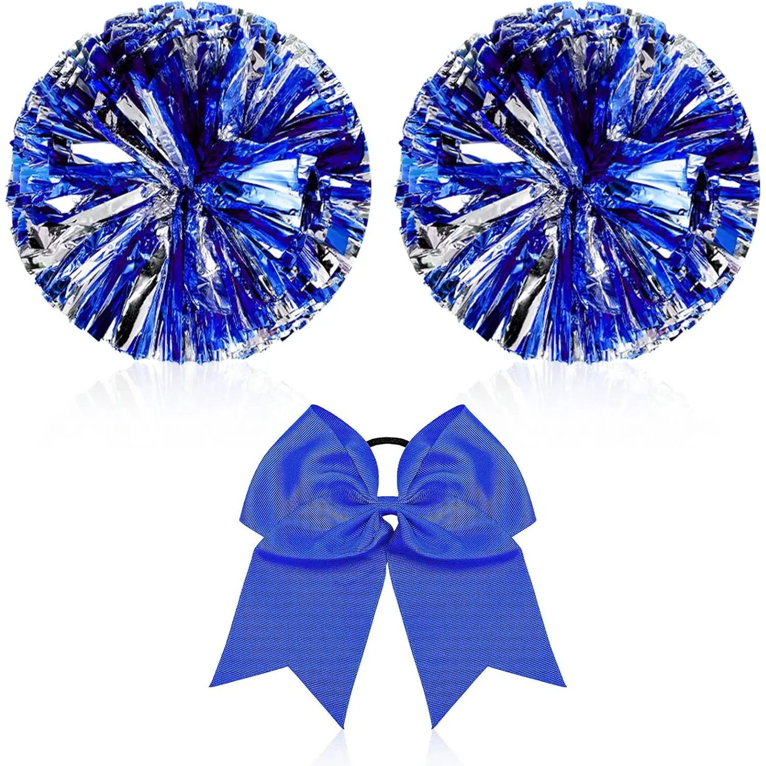 Cheerleading Pom Poms for Girls, 3-Piece 12-Inch Silver Metallic Foil Set with Large Fabric Hair Bow & Finger Ring Grips for Dance & Cosplay