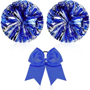 3 Pcs Cheerleading Pom Poms and Large Cheerleader Hair Bow Metallic Cheer Supplies for Team Spirit Sports Dance Cheering