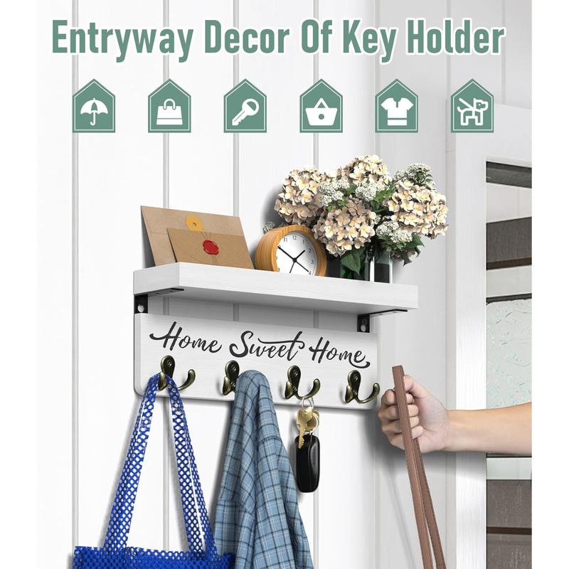 Wall-Mounted Key and Mail Holder, Wooden Key Rack with 4 Double Key Hooks, Rustic Home Decor for Entryway(White) Metal Shelves Decorative Farmhouse
