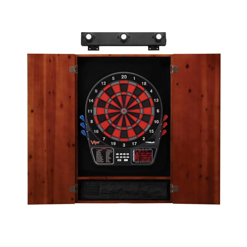 Viper 797 Electronic Dartboard, Metropolitan Cinnamon Cabinet & Shadow Buster Dartboard Light Bundle