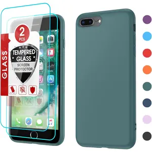 for iPhone 8 Plus Case: iPhone 7 Plus Case with 2 Pack Tempered Glass Screen Protectors, Shockproof Full-Body Liquid Silicone with Soft Anti-Scratch Microfiber Liner, Green