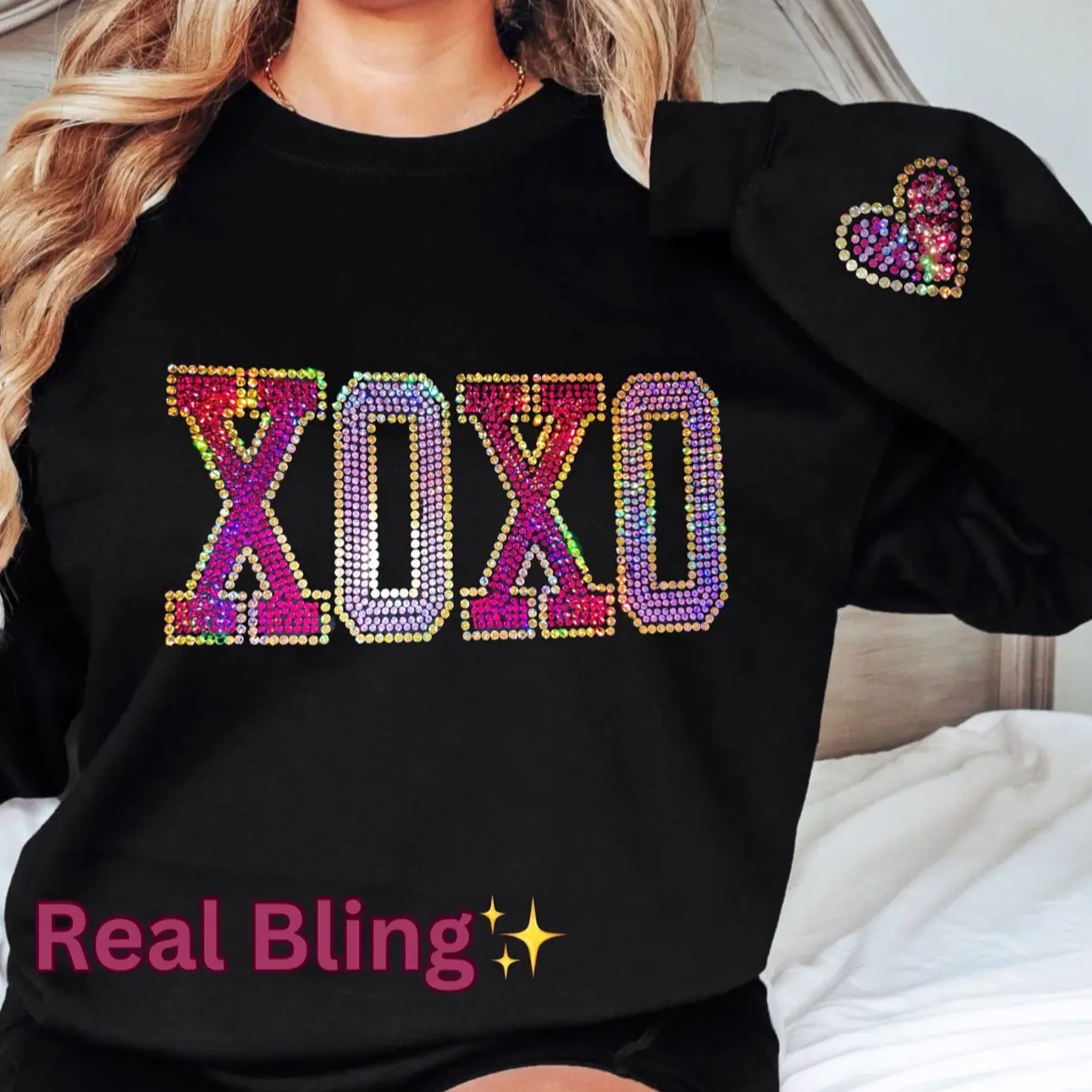 XOXO Bling holographic Valentines sweatshirt with heart on your sleeve