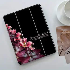 Elegant Pink Lily Floral 30:18 Bible Verse Typography Pattern Black Background |   Stylish Clear Tablet Case for Pencil Holder, Auto Wake/Sleep, Foldable, Adjustable Stand, Card Slots