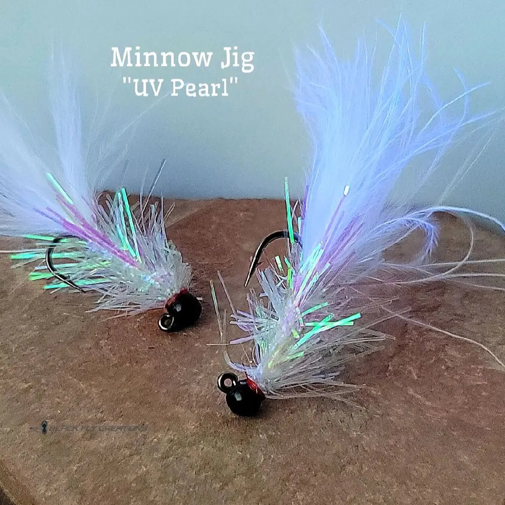Black Fly 2-Pack (Minnow Jig) Tungsten Jigs Trout Wet Flies - A Pearled Flashy White Jig Pattern, Use Euro Nymphing, Tenkara, Dead Drift or Crappie Fishing under a Float, Fish Trout, Panfish, Grayling & Salmon by Black Fly Creations