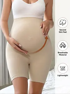 Maternity Seamless over the Belly Support Shorts, Mid-Thigh Anti-Chafing Pregnancy Shaper Underwear, High Waist Casual Nude