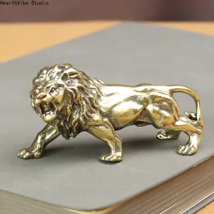 Pure Copper Majestic Lion King Miniatures Figurines Desk Decorations Vintage Brass Mini Animal Statue Home Decor Ornaments Craft