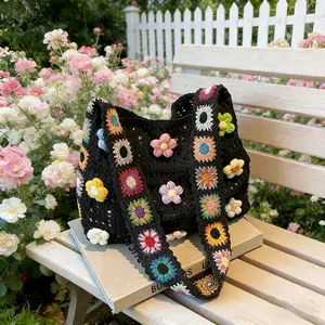 Women's Y2K Cottagecore Crochet Tote Bag, Handmade Wide Strap Hollow Out Knit Shoulder Bag, Large Capacity Floral Crochet Beach Bag for Daily Use