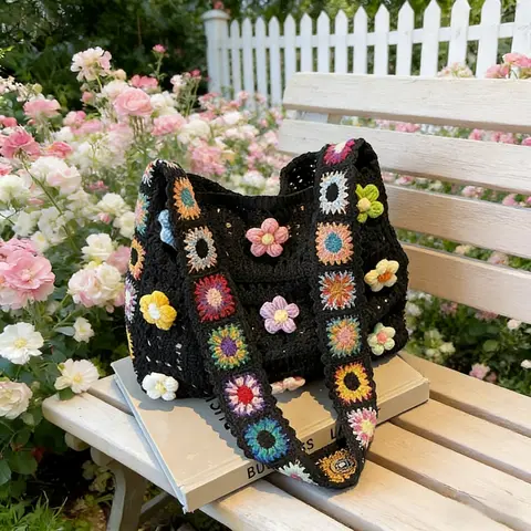 Women's Y2K Cottagecore Casual Chic Hand-Woven Floral Print Purse, Wide-Comfortable Strap Hollow-Knit Shoulder Bag for Beach, Sports & Outdoor Gym Accessory