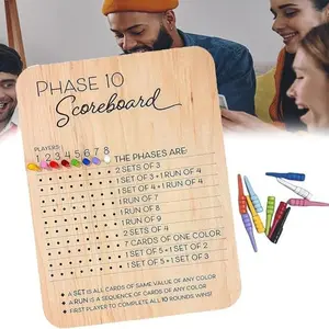 Wooden 10th stage scorecard and round tracker, Phase 10 scorecard round tracker Card game Night table scorecard with 8 color pins