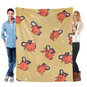 Chainsaw Man Pochita Pattern Flannel Blanket Adorable Beige Blanket with Cute Pochita Poses & Chainsaw Details Soft Cozy Anime Fan Essential
