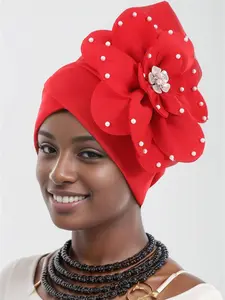 Women's Fashion Pearl Beaded Flower Headscarf Cap, Ethnic Style African Turban Hat, Pure Color Retro Design, Floral Print Scarf, 1 Piece