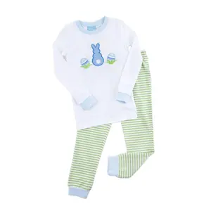 Easter Bunny Blue Trim Green Stripe Pajamas - Boys Spring PJ Set