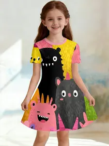 Girls' 3D Cartoon Monster Dress, Short Sleeve Round Neck A-Line Summer Dress, Perfect for Parties, Holidays, Birthday Gifts