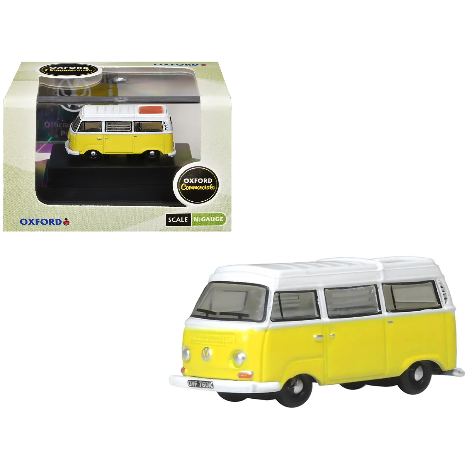 Volkswagen T2 Bay Window Camper Van Saturn Yellow and White 1/148 (N) Scale Diecast Model Car by Oxford Diecast