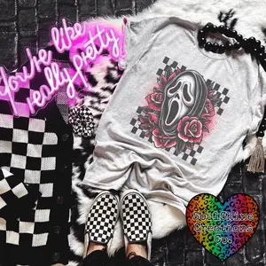 Retro 90s Ghost Checkered Graphic Tee Shirt Unisex T-shirt- Edgy Alt Horror Vibes- Sublimation Printed- Ash Gray