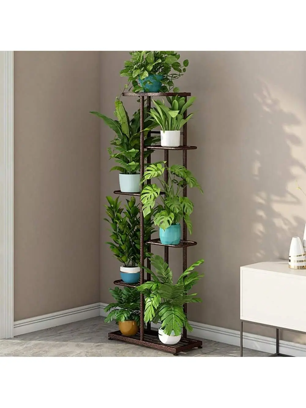 6-Tier Iron-Coated Metal Plant Stand for 7 Stackable Pots - Space-Saving Corner Commercial Office Furniture Display Rack, Rust-Proof Bronze-Tone Dark Gray Silver, Indoor Planting Garden & Outdoor Garden Accessories with Layered Look (Bedrooms, Balcony), C