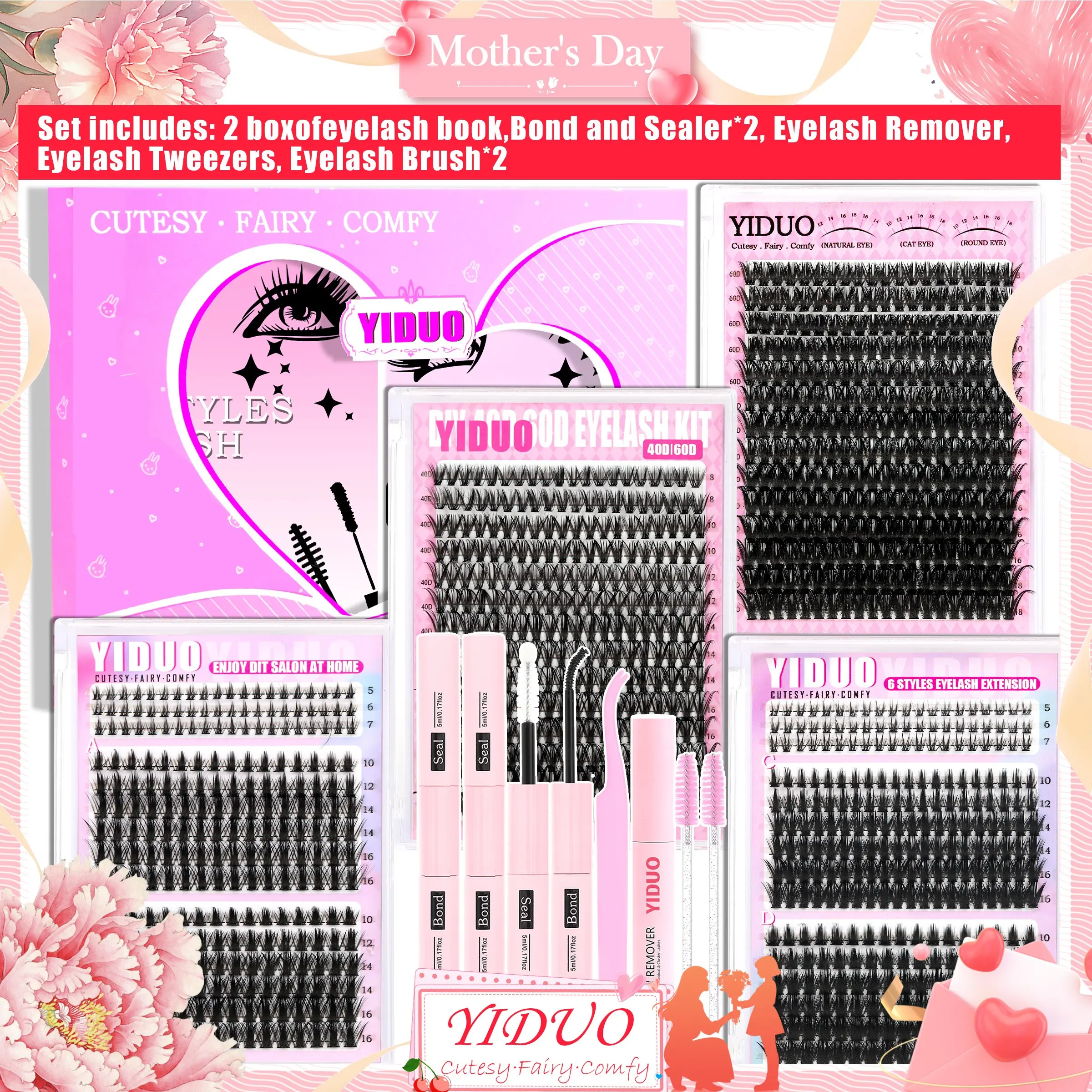 8 Styles Lash Clusters Kit, Cosmetic, Bottom A-B/Fairy A-B/40D/60D/80D/100D 1094 Pcs 5-18mm Cluster Eyelash Extension Kit D-Curl With Lash Bond and Seal*2, Lash Remover, Lash Tweezers, Eyelash Brush DIY Eyelash Extensions at Home