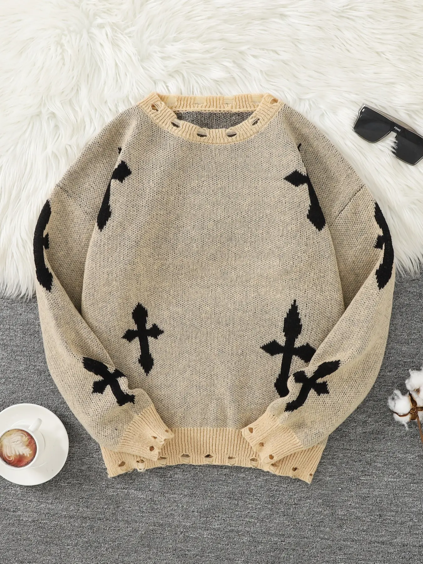 Men's Casual Fitted Sweater, Fall & Winter Knitwear, Cross Pattern Pullover, Round Neck Long Sleeve Top, Halloween Gift Idea, Winter Warm Pullover