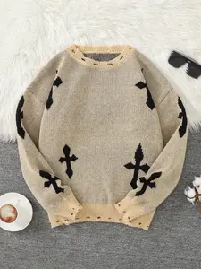 Trendy Hole Cross Stitch Knit Sweater, Casual Round Neck Fitted Men's Pullover, Geometric Pattern, Fall & Winter, Daily Gift Choice, Knitwear Tops