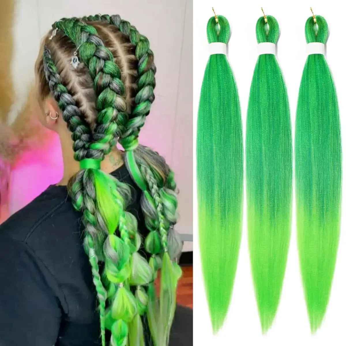 Ombre Green Pre stretched Braiding Hair, 3 Packs Box Braids Hair Extensions, 26 Inches Texture Braiding Hair Pre stretched