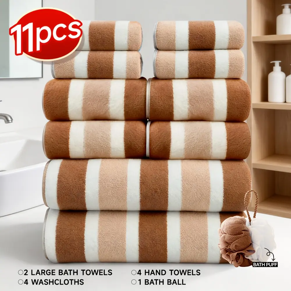 11pcs Set, No Hair Loss | Highly Absorbent | Quick-Drying, Ultra-Soft Two-color Striped Interval Bath Towel Combination, Including 2 Bath Towels, 4 Face Towels, 4 Hand Towels & 1 Bath Ball
