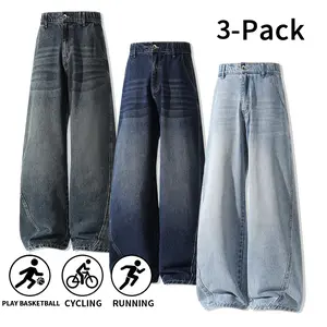 3-Pack Men's Vintage Washed Baggy Jeans, Soft Denim Fabric, Elastic Waist with Button & Zipper Fly, Wide Leg Loose Fit, Retro Streetwear for Daily Casual Wear