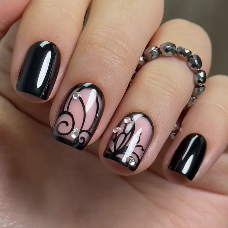 Black Gothic Press On Nails | CurvLife Nail | 24pcs Medium Square Fake Nails | Sheer Lace Rhinestone Design | Easy Apply, Durable & Elegant | Daily, Business & Party Nail Art
