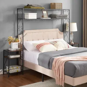 [SOIYELIFE] Queen Bed Frame with 2 Nightstands Headboards with Storage Cabinet, Headboard with Shelves, Bookcase Headboard Queen Easy Assembly for Bedroom Iron and Wood Rustic Brown