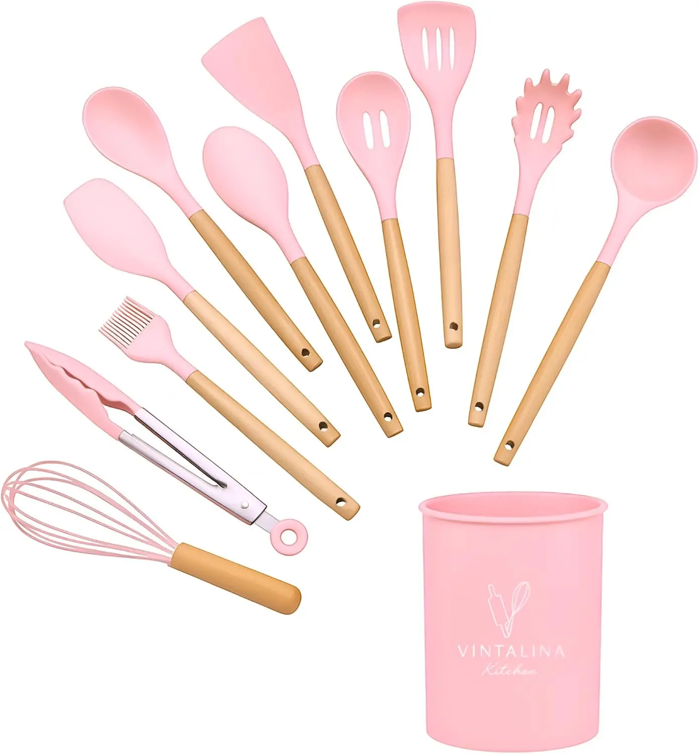 Silicone Cooking Kitchen Utensils Set – BPA‑Free, Non‑Toxic, Non-Stick, Heat‑Resistant to 446 °F, Non‑Scratch Wooden Handles + Utensil Holder