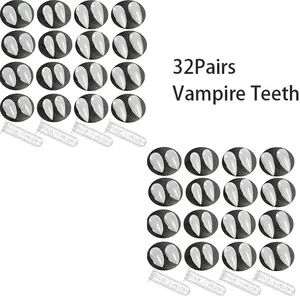 32 Pairs Vampire Teeth Toys for Cosplay 4 Size Fake Fangs with 4 Tube Solid Adhesive for Halloween Props Dress Up Costume Masquerade Accessory Gift