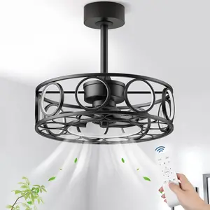 Modern Caged Ceiling Fan with Light, Black Metal Ring Design with Integrated LED, Remote Control Flush Mount Fan Light for Bedroom, Living Room, Dining Room
