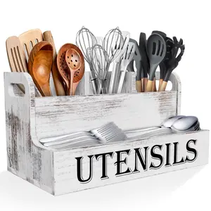 Extra Large Kitchen Utensils Holder with 4 Compartments, White Wooden Utensil Organizer for Kitchen Countertop, Farmhouse Utensil Storage, Rustic Cooking Utensils
