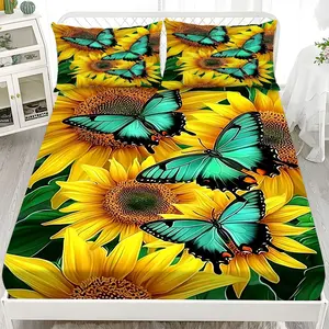 Bed Sheet Set - 3-Piece 2D Flat Printing Yellow and Blue Sunflower and Butterfly Pattern Mattress Protector Set in Ten Sizes (1*Fitted Sheet + 2*Pillowcases, without inserts), Skin-friendly and Breathable Bedding Set, Suitable for Home Bedrooms