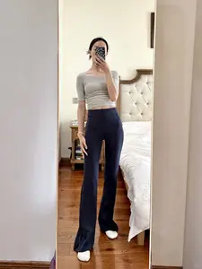 Nyxalulu Ribbed Flare Yoga Pants, High Waist Elastic Long Pants, Outdoor Belly Control Slimming Sports Quick Dry Fitness Micro Flare