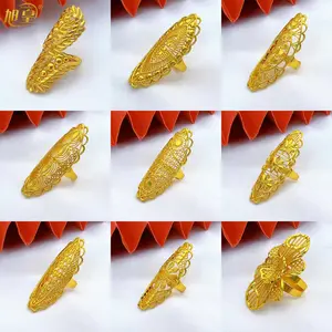 Ethiopia Arab Dubai 24K Gold Plated Long Rings Jewelry For Women Resizable Wedding African Party Gift Nigerian Big Jewellery