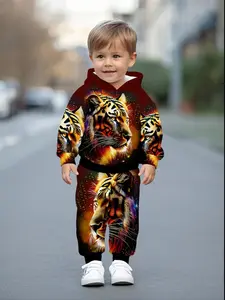 Hooded Sweatshirt Set, Dominant Tiger Print, Bold Tiger Print, Spring & Fall Casual Comfort, Fitted Style, Geometric Pattern