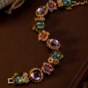 Elegant Vintage Floral Bracelet for Women – Candy-Colored Enamel Flowers with Golden Accents, Rhinestone Embellishments, Ideal Gift for Parties and Special Occasions, Party Accessory | Bohemian Style | Pastel Jewelry