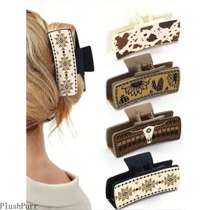 Western Cowboy Style Hair Claw Clip Set for Women Vintage-Print Large High-Grip Clips Perfect for Thick Hair Daily Wear & Parties