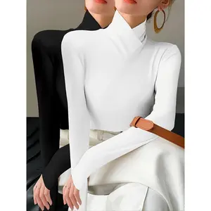 [Cross Detail Polyester Knit Tops] 2pcs High Neck Long Sleeve Turtleneck Tops for Women, Polyester Knit Fabric, Solid Color, Regular Fit, with Cross Detail, for All Seasons