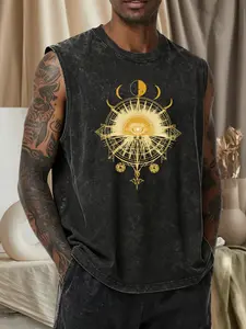 🔮✨Celestial All-Seeing Eye Vintage Washed Muscle Tank | Mystic Moon Phases & Sacred Geometry Sleeveless Shirt | Witchy Streetwear for Men