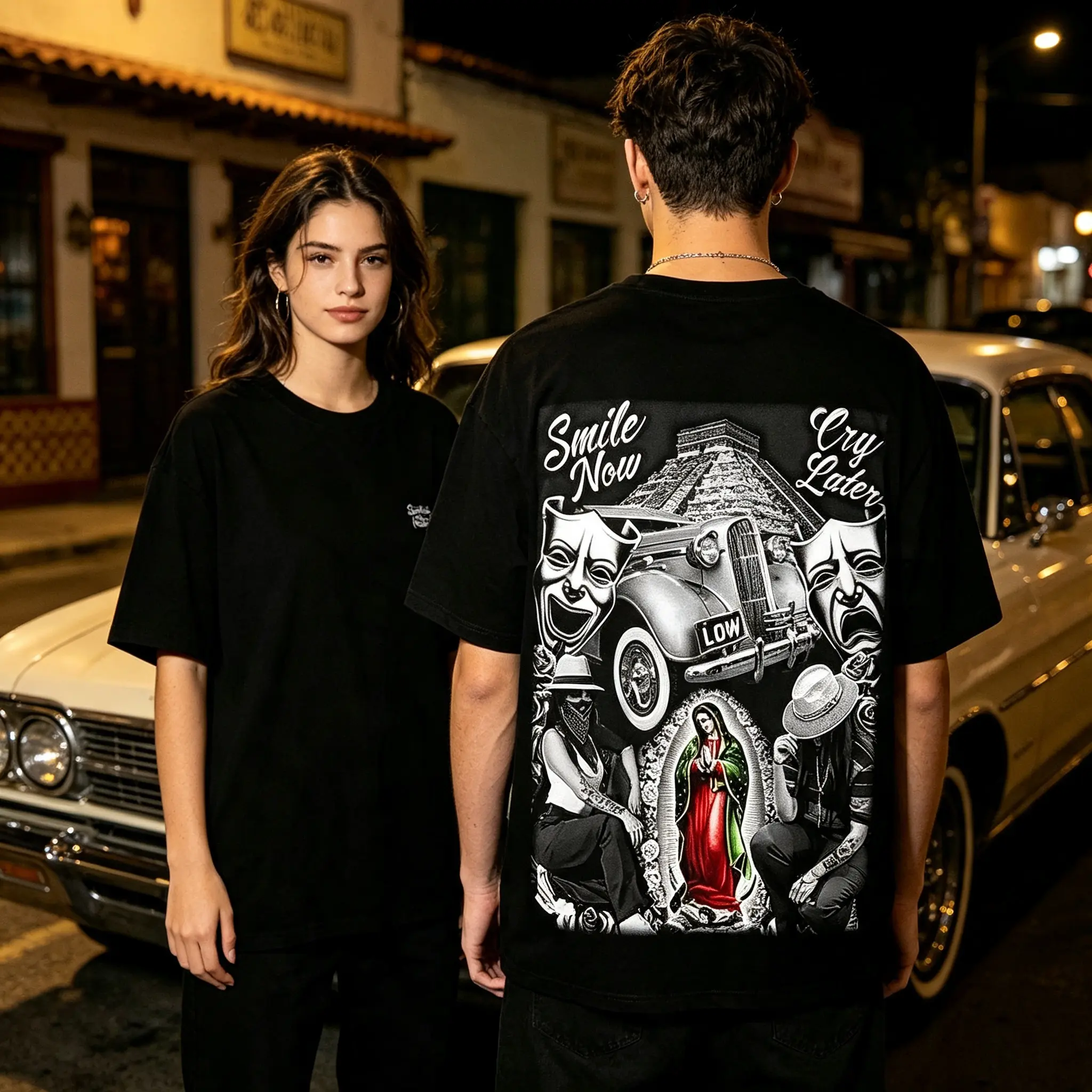 Unisex Casual Cotton Black Graphic Tee Comedy Tragedy Mask Classic Car Vehicle Religious Portrait Urban Art Aesthetic Streetwear Short Sleeve O Neck Relaxed Fit Trendy Everyday Summer Top Festival Party Clubwear Outfit
