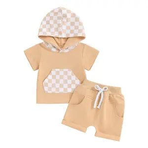 Toddler Baby Boy Girl Summer Clothes Checkerboard Print Short Sleeve Hoodie Tops + Rolled Shorts Infant 2Pcs Outfits