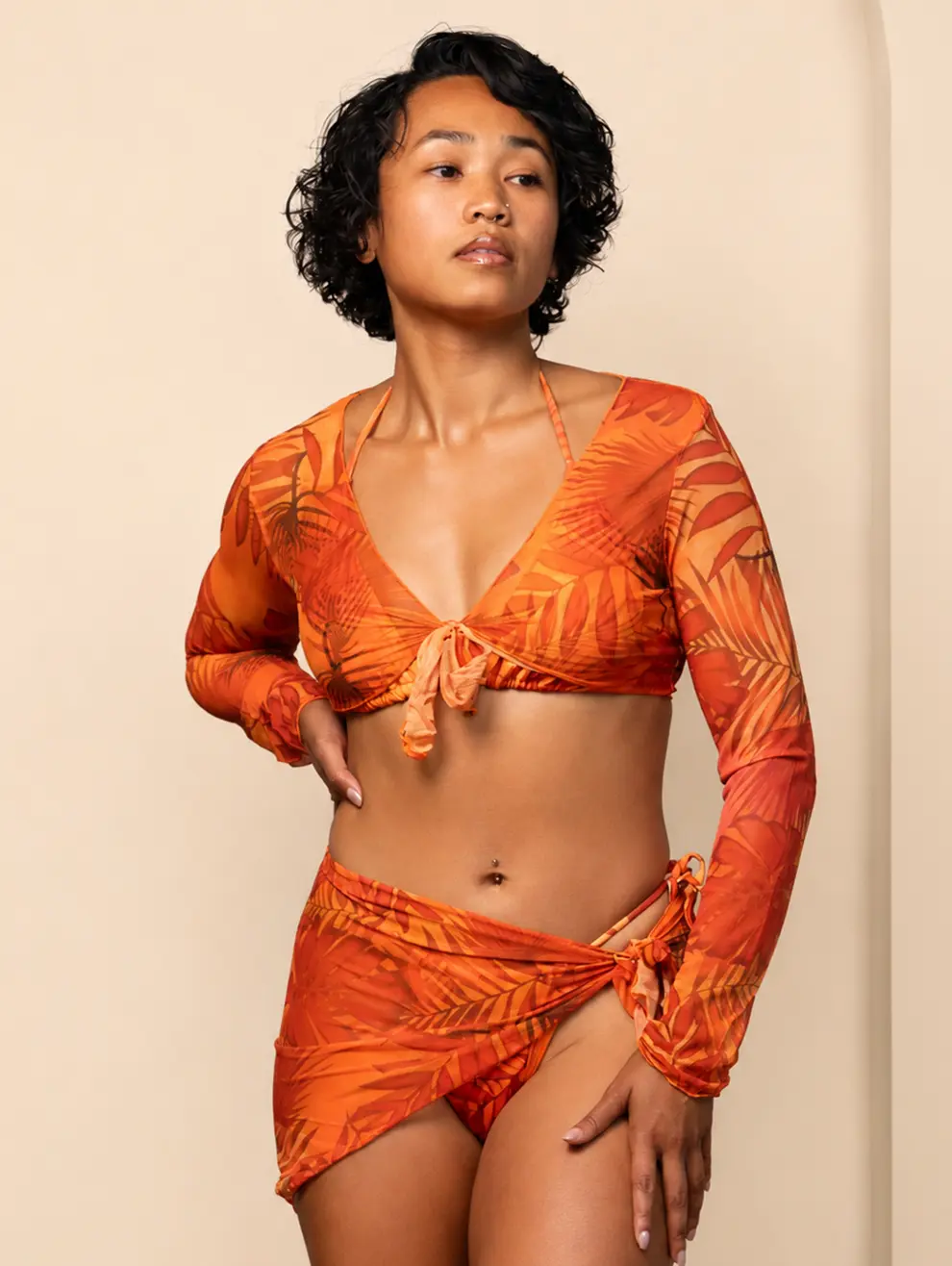 GEORGIA Women's Orange Tropical Triangle Bikini Set with Sarong – 3-Piece Beach Swimsuit Cover-Up Set