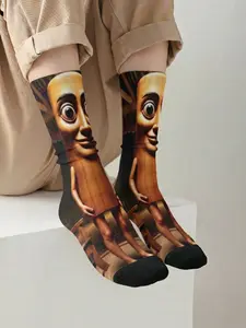 1 pair of BIIHUDU Men's Casual Italian Brainrot Pinstripe Funky Socks – Yellow “tung tung tung sahar” print socks, all-over print design